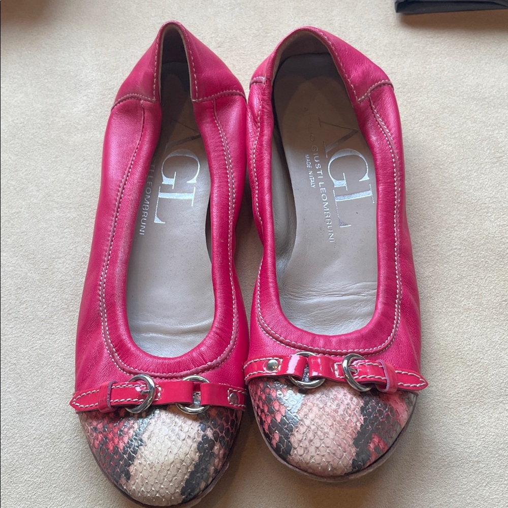 AGL Pink Leather Ballet Flats with Snakeskin-Print Toe and Buckle Detail